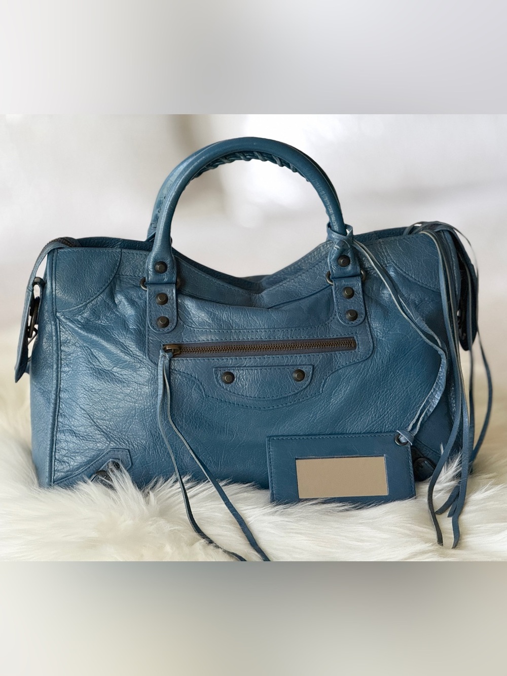 BALENCIAGA CITY BAG FRENCH BLUE RARE COLOR WITH MIRROR & STRAP MOTORCYCLE BAG